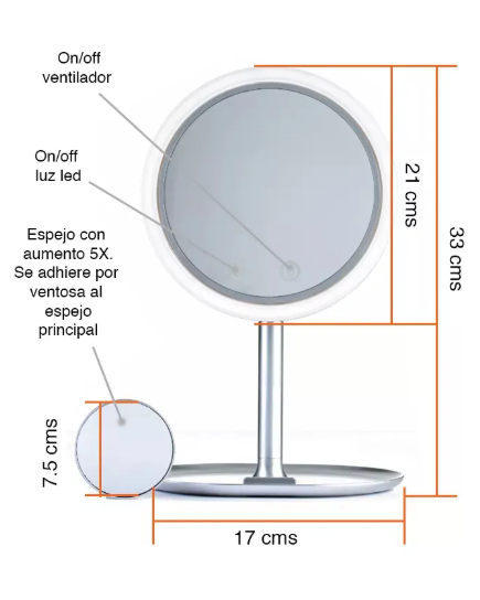 ESPEJO 360° MAQUILLAJE LED Y VENTILADOR